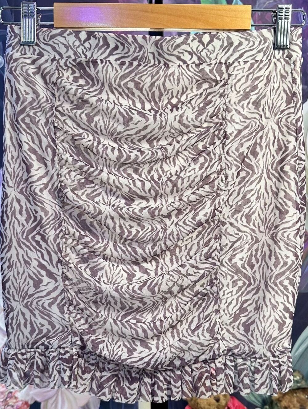Free People S Stretch Ruched Ruffle Mini Skirt Zebra Print Y2K Boho Mauve Cream